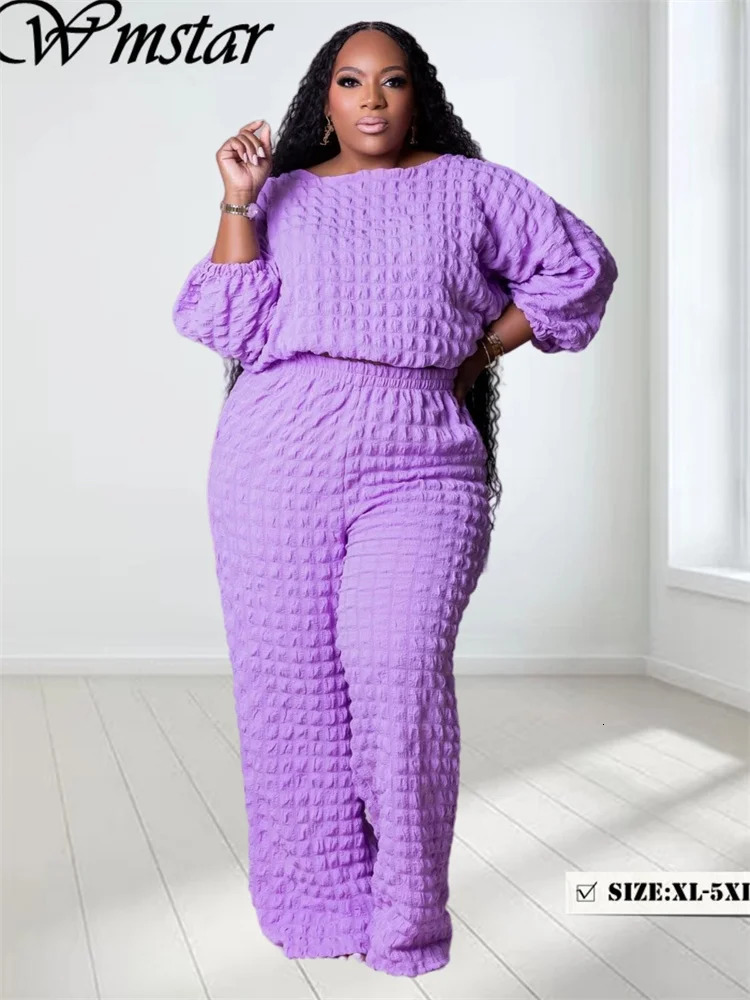 Wmstar Plus size twopiece womens autumn clothing solid long sleeved top and pants wide leg wholesale jump 250122