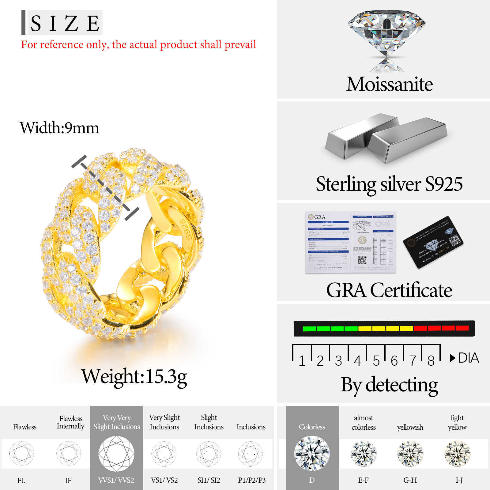 Wholesale Bg Hip Hop Jewelry 9mm Gold Plated Sterg Sier VVS Moissanite Dia Iced Out Cuban Band Ring For Men