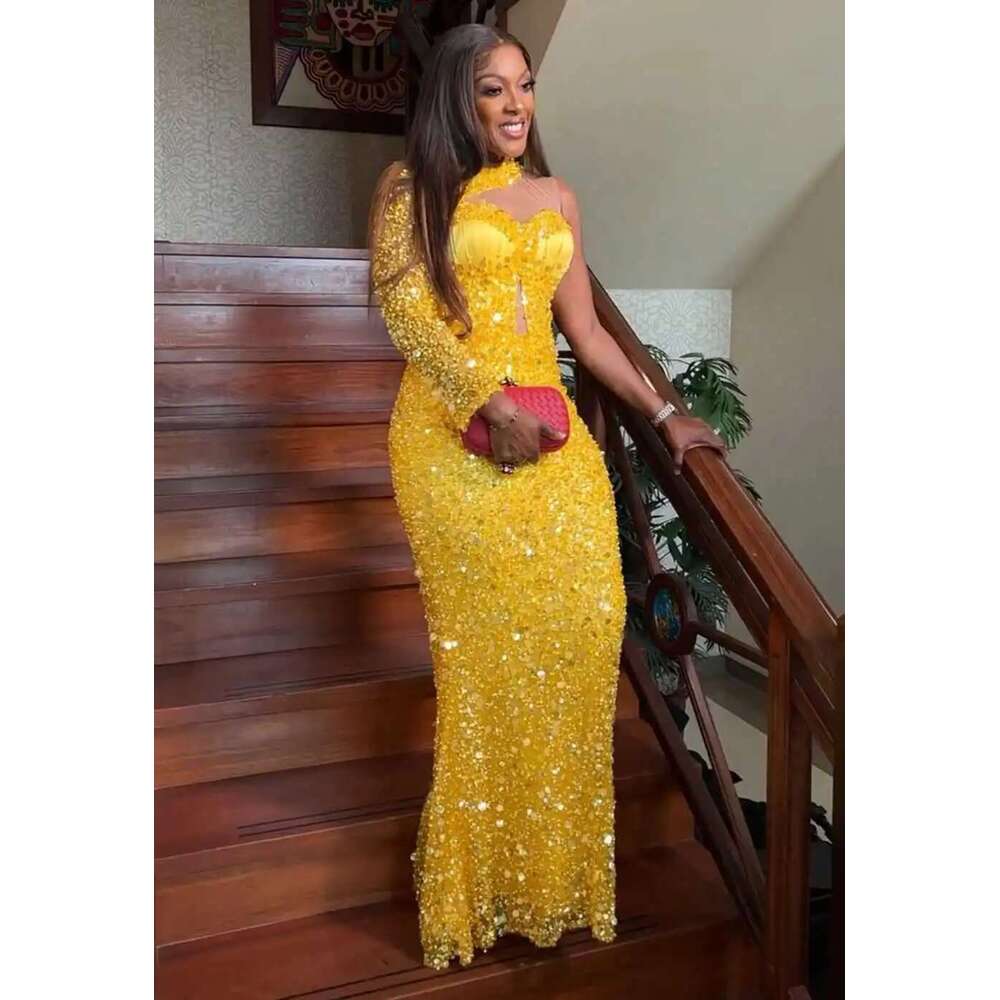 Mermaid Evening Dresses High Neck Sequins Sleeves Single Shoulder Prom Custom Party Dress