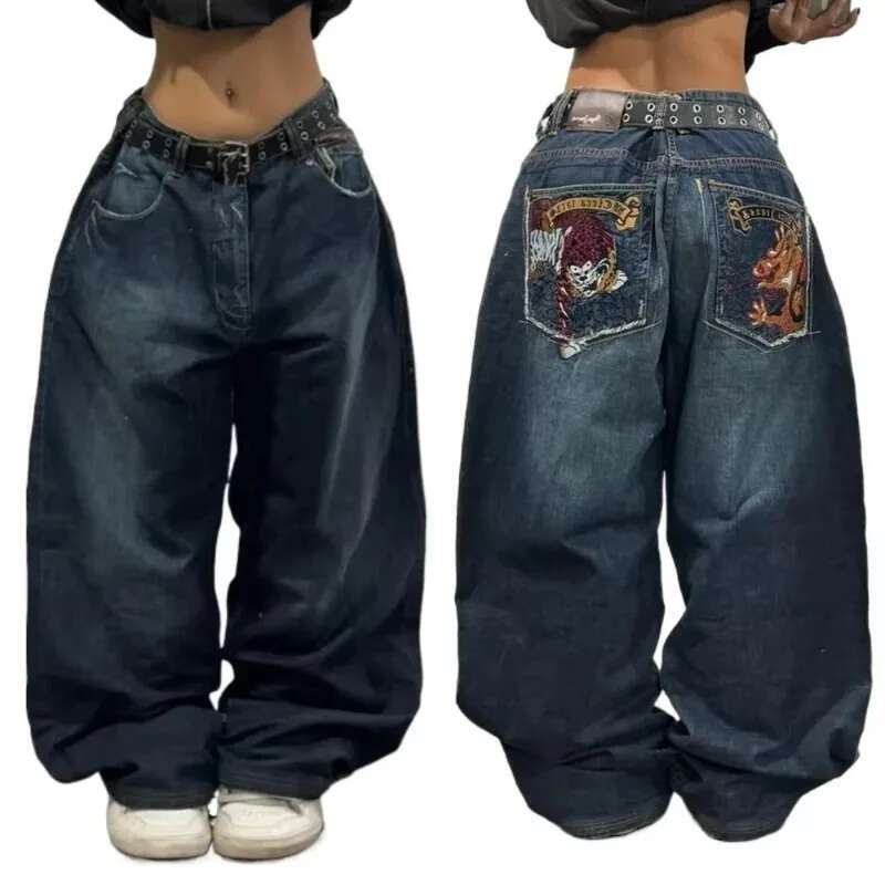2024 New American Trend Retro Hip-hop Embroidery Pattern Baggy Jeans For Men And Women Y2K Haruku Gothic Wide Pants Streetwear