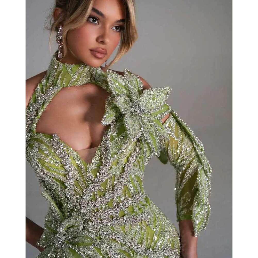 Pretty Evening Dresses Mermaid High Neck Lace Strass Long Sleeve Prom Party Dress Made to Order