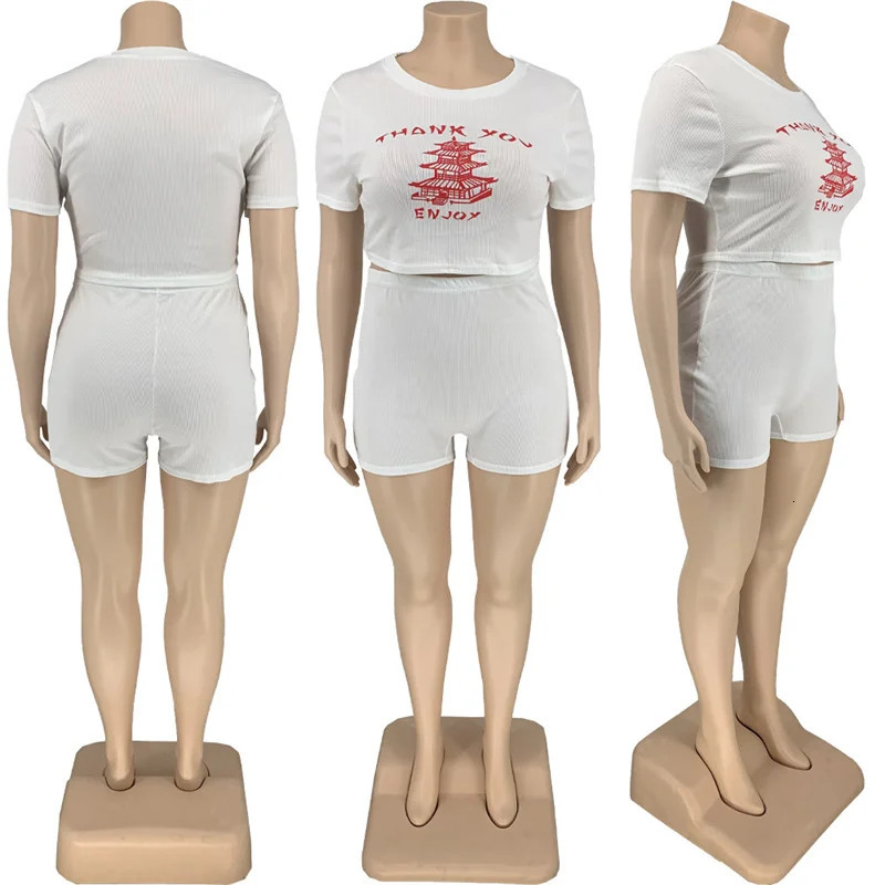 Summer plus size womens clothing twopiece wholesale tight fitting set Oneck Tshirt and shorts direct 250122