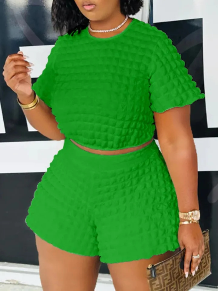 LW Plus size summer twopiece crop top waffle knit shorts set womens short sleeved Tshirt and 250122