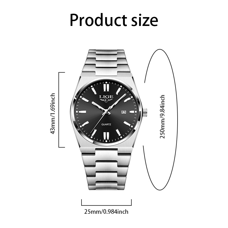 LIGE fashionable and simple men's quartz watch new stainless steel strap large dial watch multifunctional calendar night light business watch