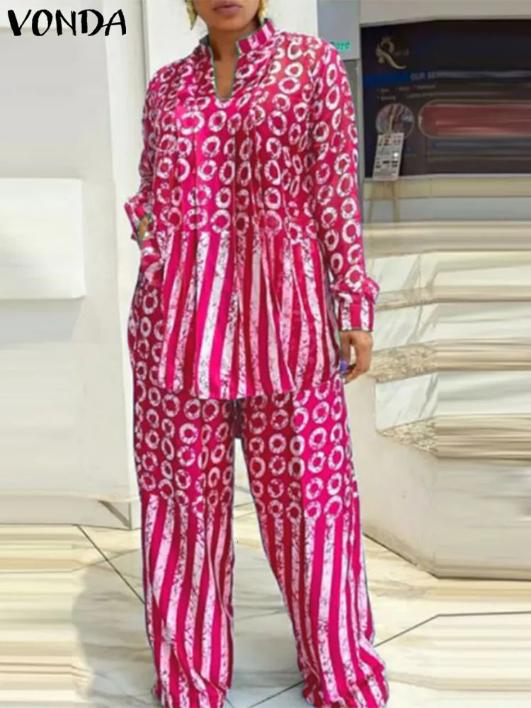 Plus Size 5XL VONDA Women Matching Sets 2024 Fashion Long Sleeve Suits Polka Dot Striped Shirts And Elastic Waist Pant 250122