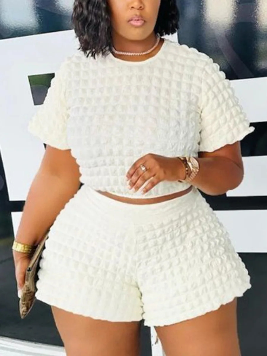 LW Plus size summer twopiece crop top waffle knit shorts set womens short sleeved Tshirt and 250122