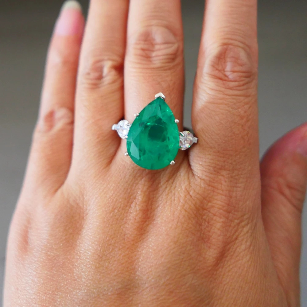 KQDANCE 925 sterling silver 13 * 18mm large pear cut green stone high carbon diamond inlaid jade ring womens exquisite jewelry 250110