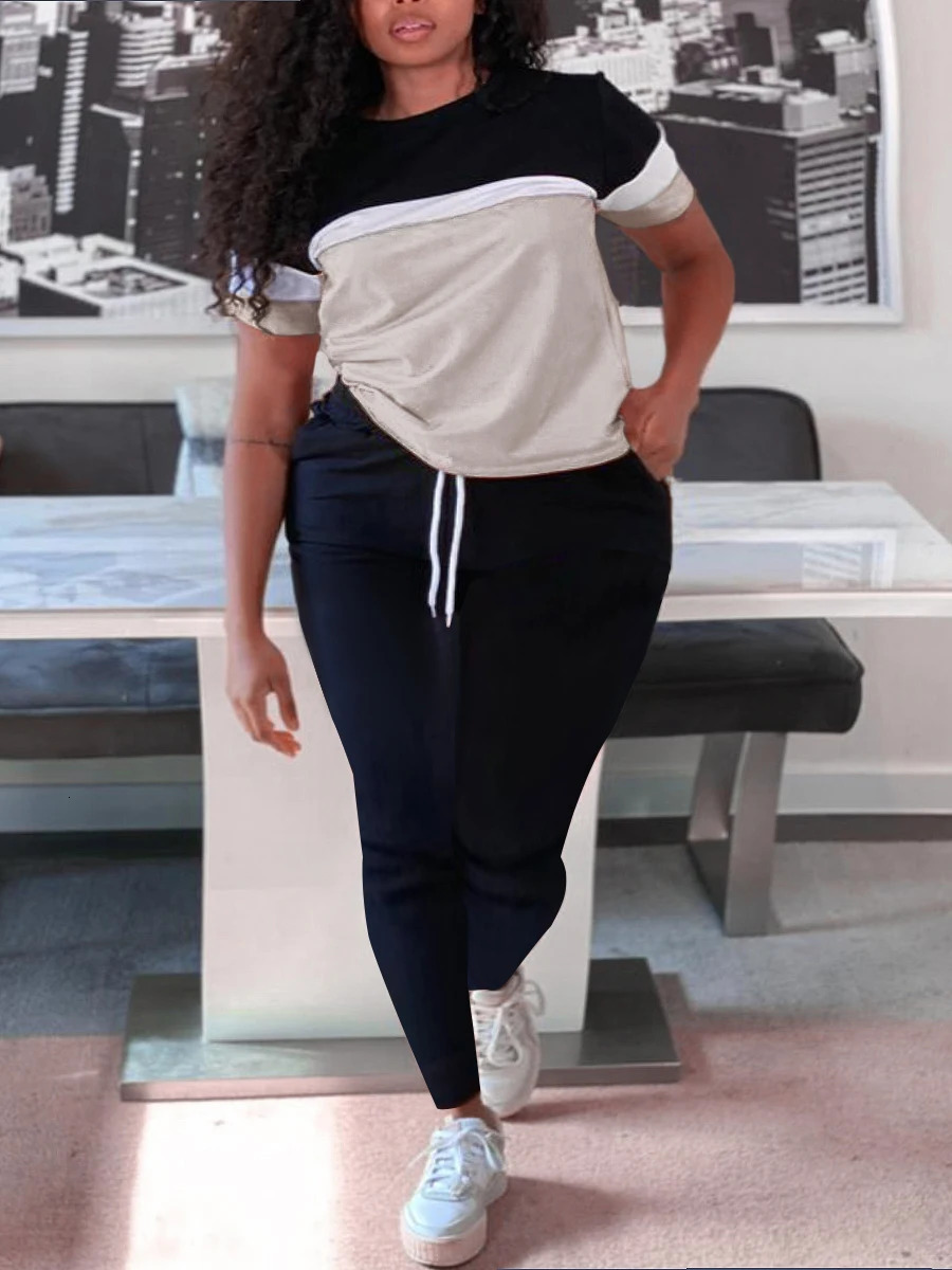 LW Womens Plus Size Colorblock Drawstring Pants Set Casual Short Sleeve Tshirt Pocket Jogger Two Piece Women 250122