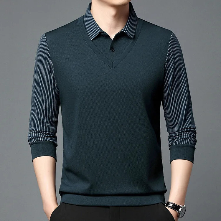 Mens Polo shirt long sleeve spring and autumn highend business casual mens two lapel striped Tshirt top 250113Z