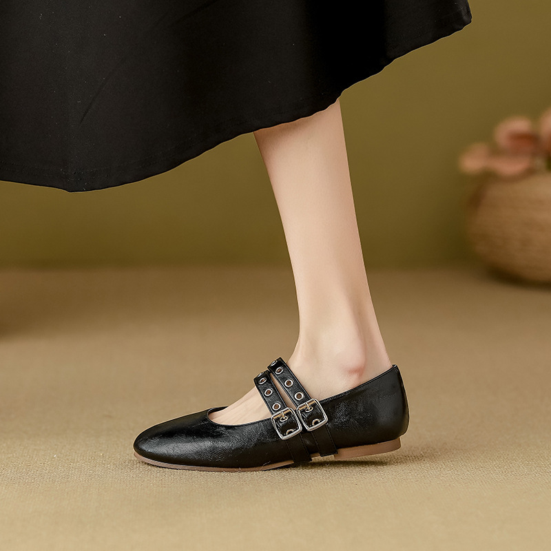 Antique Mary Jane women's shoes soft leather low heel shoes 2025 new line buckle big size 42