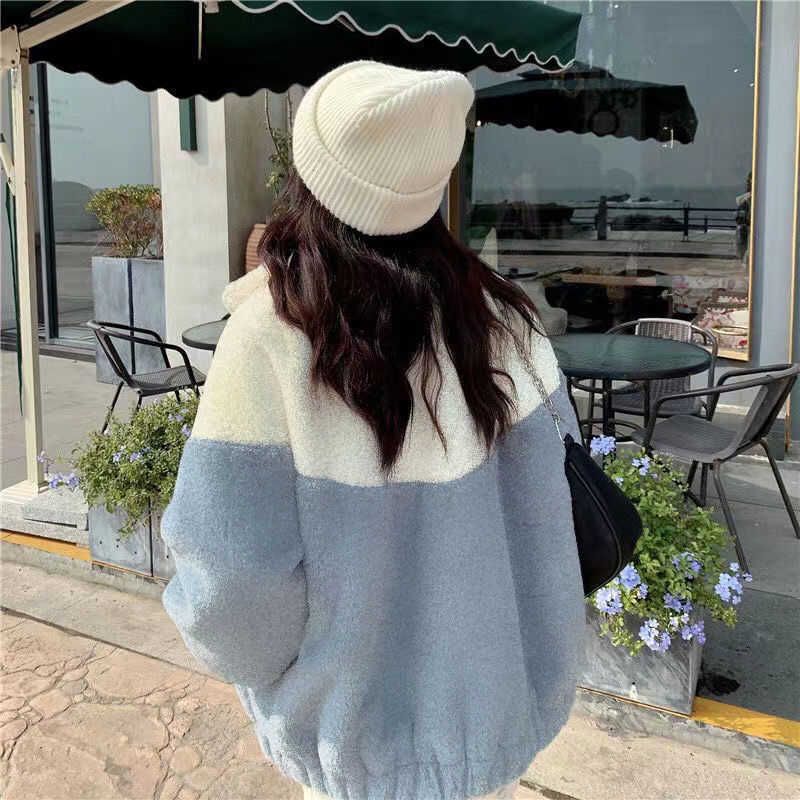 Lamb plush Coat for Womens Autumn Winter for Middle and High School Students Korean Version Loose Thick Spliced Cotton Clothes Trendy Women Jackets Co