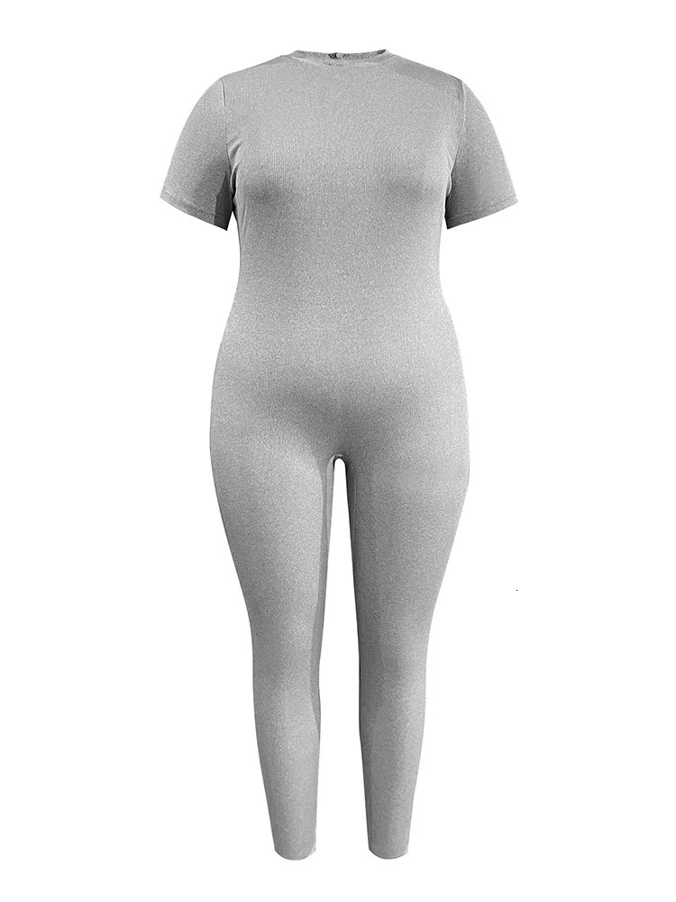 LW Autumn Large Size Full Jumpsuit Women 2024 Fashion Casual Short Sleeve Round Neck Solid Bodysuit Plus Size Womens Clothing 250113