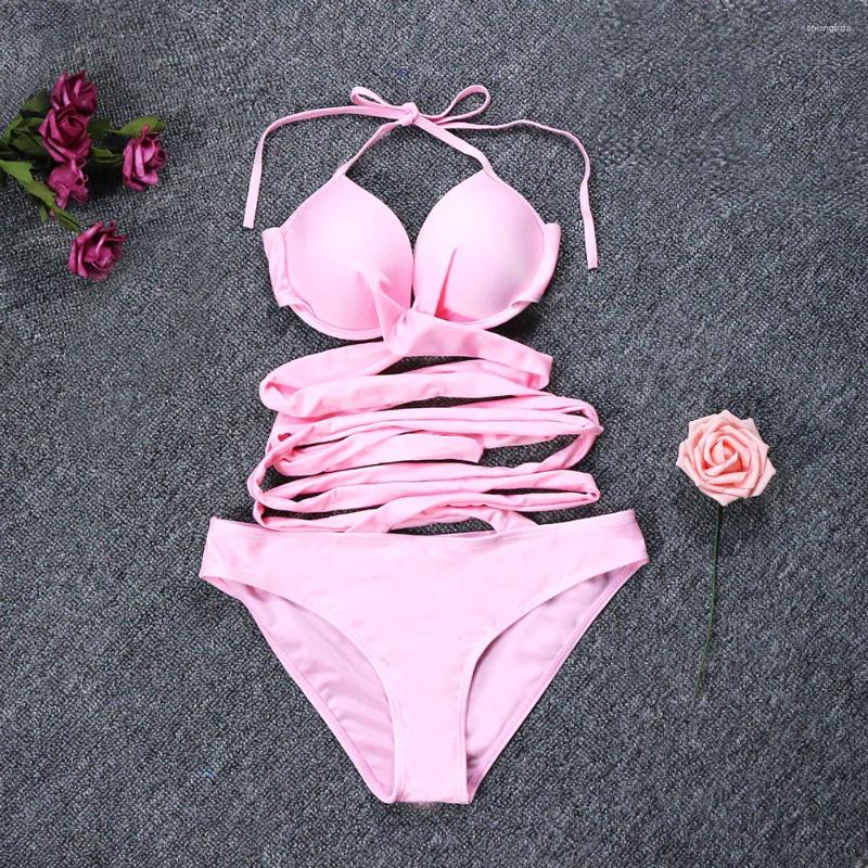 Womens Swimwear Sexy Solid Color Thong Bandage Bikinis Women Push Up Swimsuit High Cut Bikini Sets Beachwear Crisscross Bathing Suit