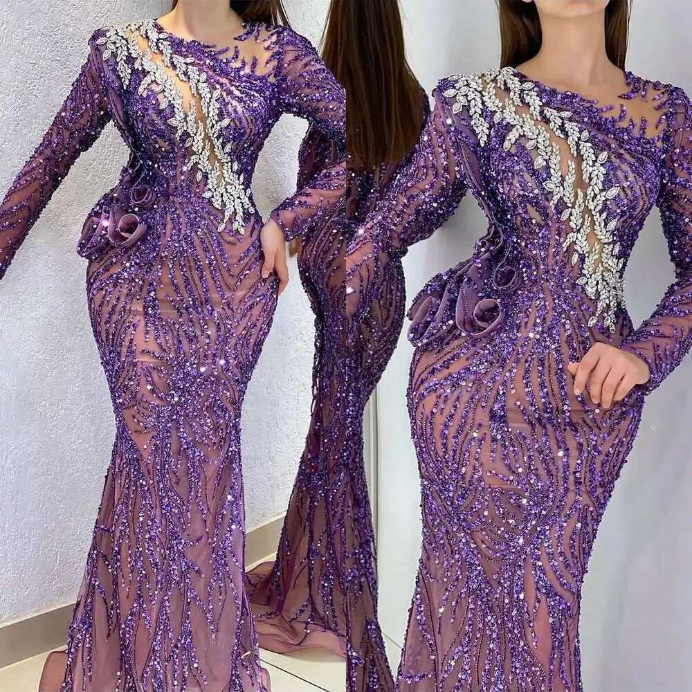 Mermaid Evening Dresses Sequins Appliques Long Sleeves Bright Prom Custom Party Dress 6660311