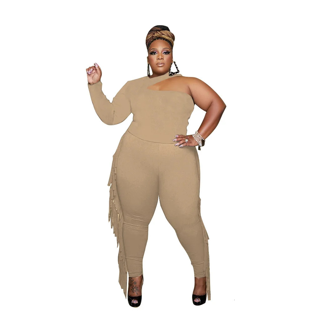 WSFEC L5XL 2023 Fall Plus Size Pant Suits Two Piece Set Clothing Long Sleeve Irrgular Tassel Casual Trend Female Outfits 250122