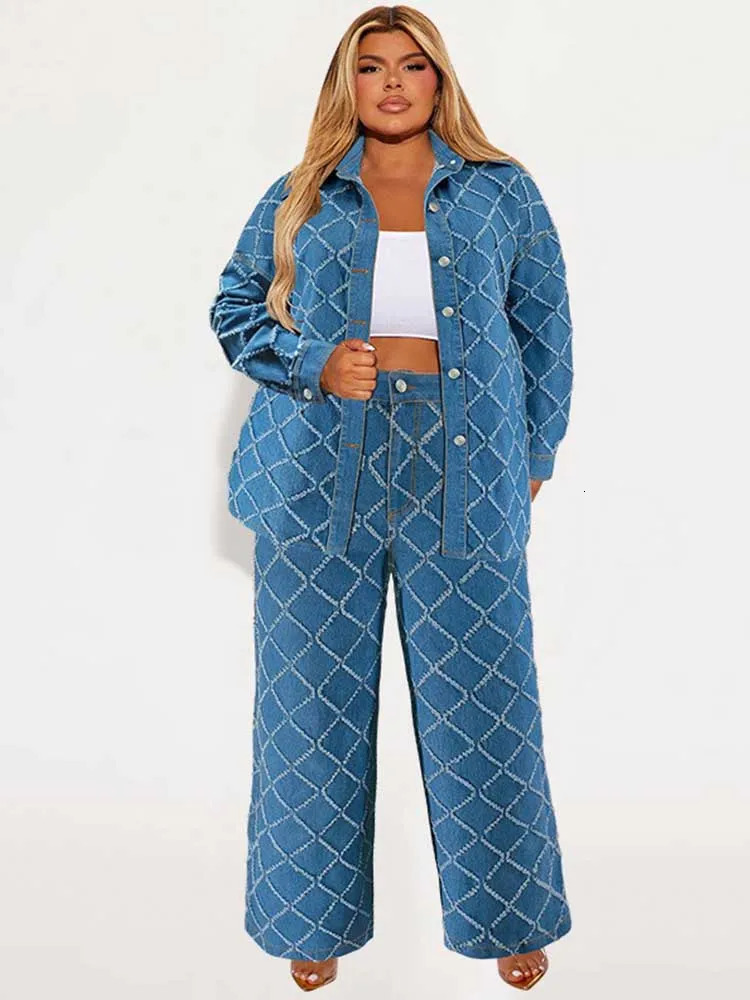 Cowboy 2piece womens jeans and jacket winter casual set long sleeved denim plain pants plus size clothing 250122