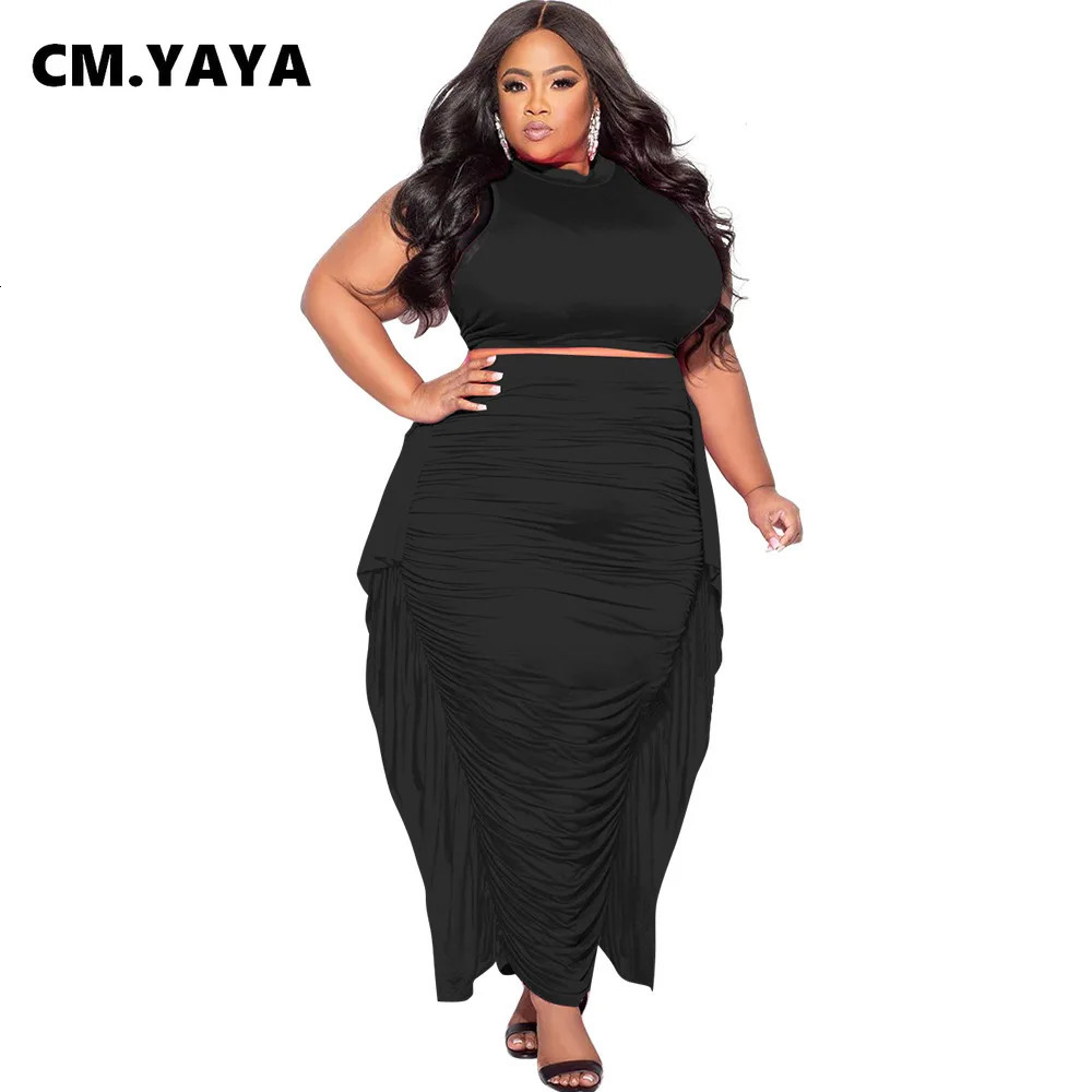 CMYAYA Plus Size Elegant Women Two 2 Piece Set Outfits 2024 Summer Tshirt Long Skirts Suits Casual Ruffles Fitness Tracksuit 250122