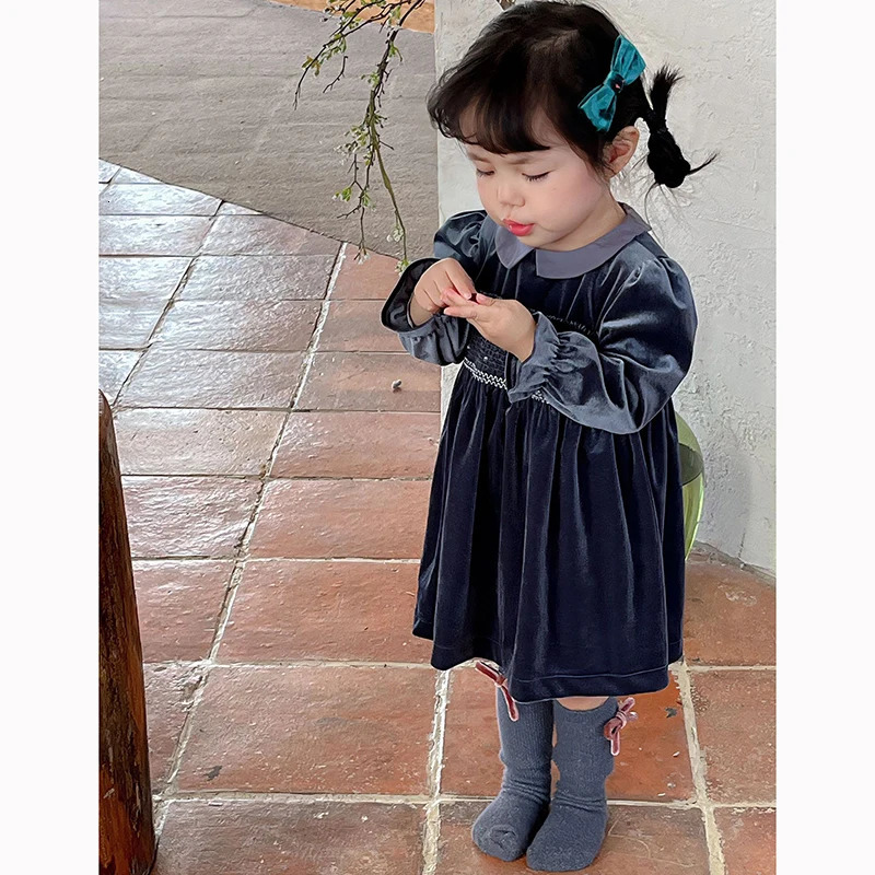 Girls Dress Party Long Sleeve Dress Peter Pan Collar Lace Golden Velvet Loose Dress Embroidery Childrens Clothing Flare Sleeve 250120