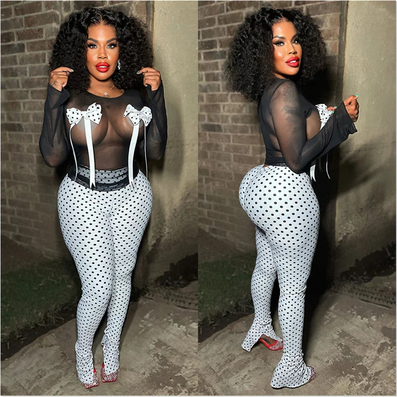 Sexy Mesh See Through Club Night Outfits Women 2 Piece Set Outfit Polka Dot Bow Tie Long Sleeve Top and Split Flare Pants Y2K 250115