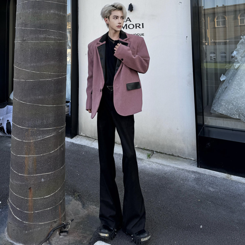 G121Cool Fit Men's Suit Jacket with Unique Splicing Detail and Trendy U-Leather Collar