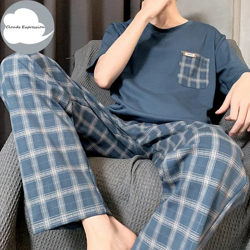 Summer Knitted Cool Mens Pyjamas Pajamas Casual Short-Sleeved Long Pants Pjs Sets Mens Sleepwear Nightwear Pijamas 4XL Homewea 250108