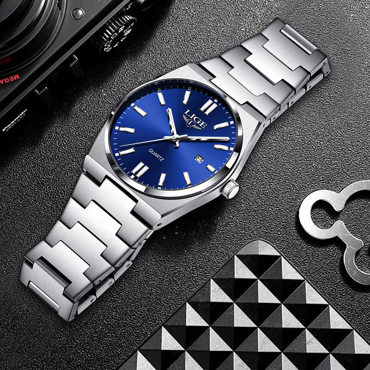 LIGE fashionable and simple men's quartz watch new stainless steel strap large dial watch multifunctional calendar night light business watch