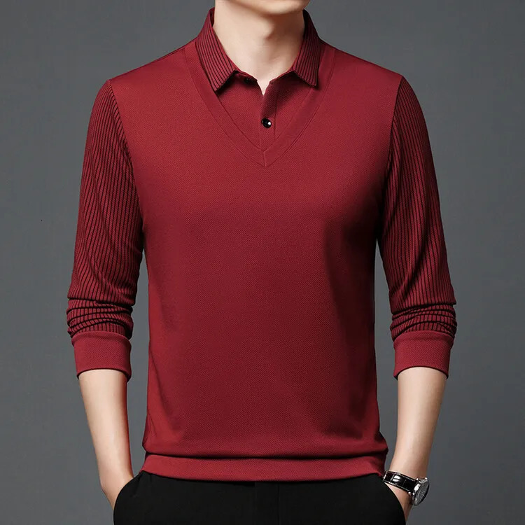 Mens Polo shirt long sleeve spring and autumn highend business casual mens two lapel striped Tshirt top 250113Z