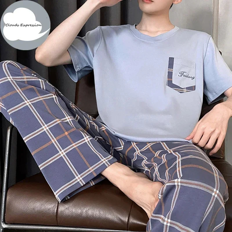 Summer Knitted Cool Mens Pyjamas Pajamas Casual Short-Sleeved Long Pants Pjs Sets Mens Sleepwear Nightwear Pijamas 4XL Homewea 250108