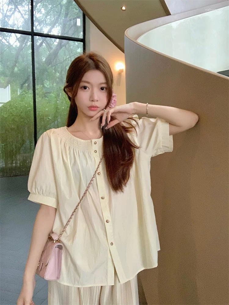 Women's Blouses 2025 Real Spot Plus-size Slightly Fat Pleated Short-sleeved Shirt Summer Single Breasted Loose Slimming Top