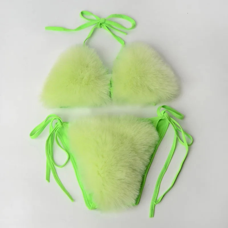 Womens Plush Fur Bikinis Set Solid Swimsuit Sports Two Piece Female Swimwear Bra Underwear Sets Beach Swimsuits 250121