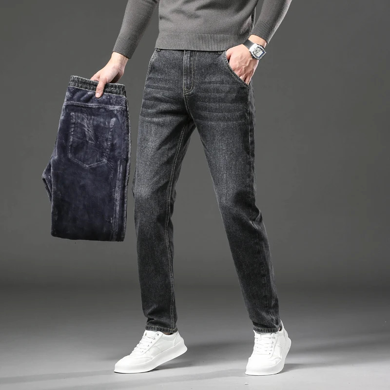 Winter Mens Warm Jeans Thicken Fleece Slim Straight Soft Elastic Business Casual Denim Pants Male Trousers Blue Gray 250116
