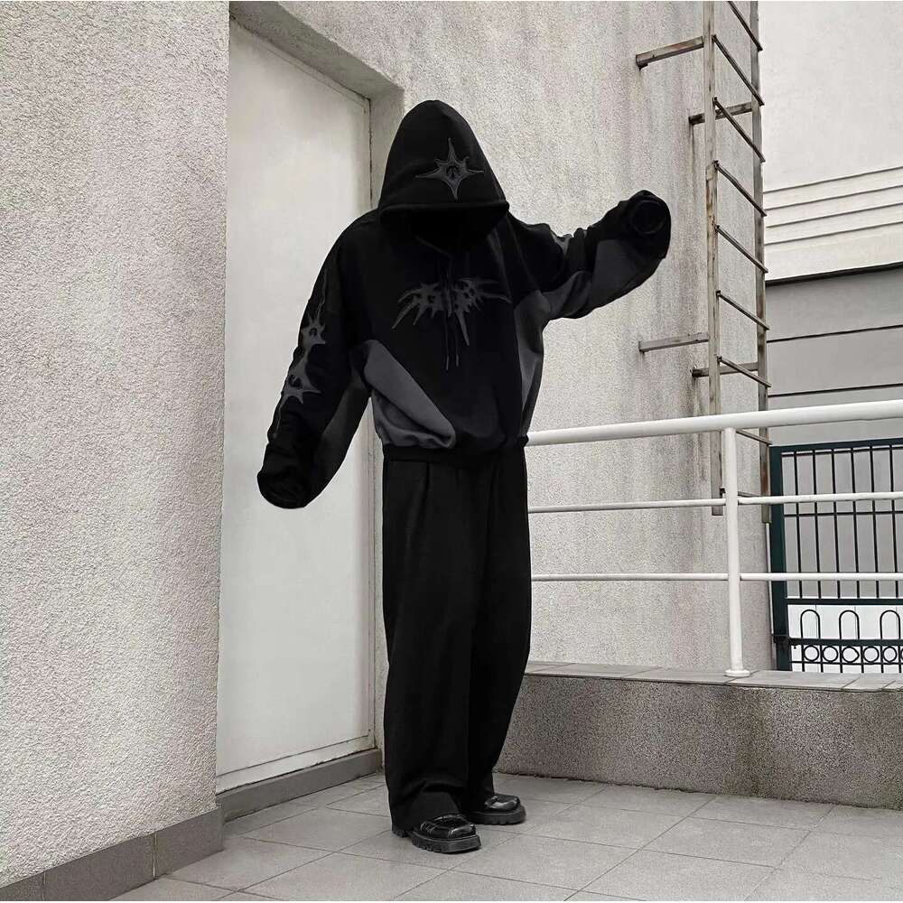 Gothic Retro Embroidery Pattern Black And Gray ing Oversized Hoodie Men's Y2K New Haruku Hip-hop Sweatshirt Street Wear