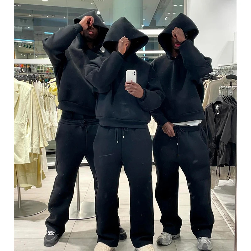 2 Piece Set Fashion Casual Solid Hooded Pullover Straight Pants Tracksuit For Male Loose Hoodies Sweatshirt Wide Leg Sweatpants 250122