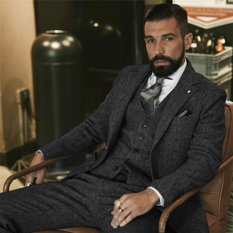 Gray Wool Tweed Winter Suit for Men Herringbone Slim Fit Formal Groom Tuxedo 3 Piece Wedding Male Suits JacketVestPants 250107Z