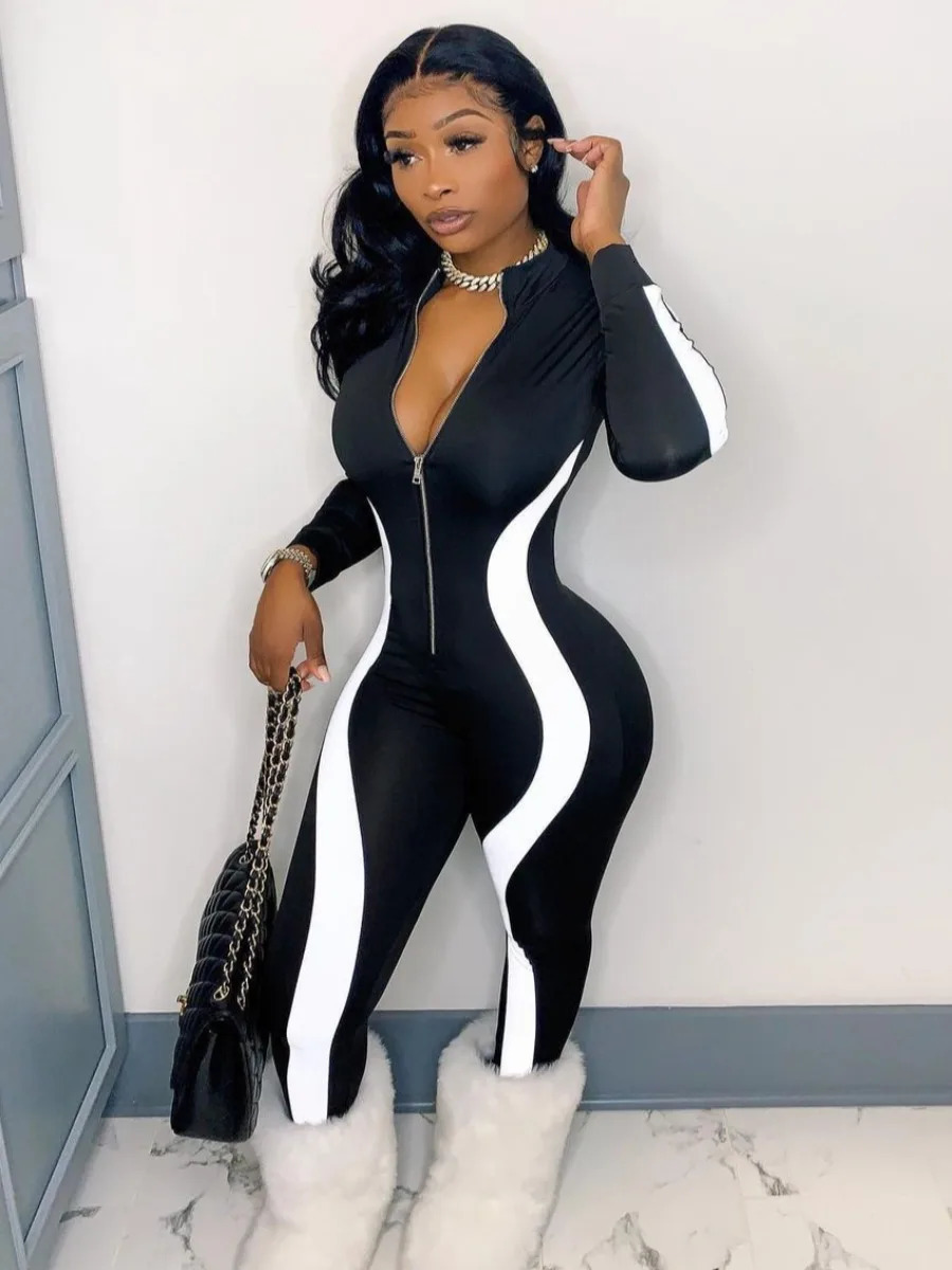 LW Basic Plus Size Striped Zipper Jumpsuit Womens Clothing Fall Casual Patchwork V Neck Long Sleeve One Pieces Outfit 250113