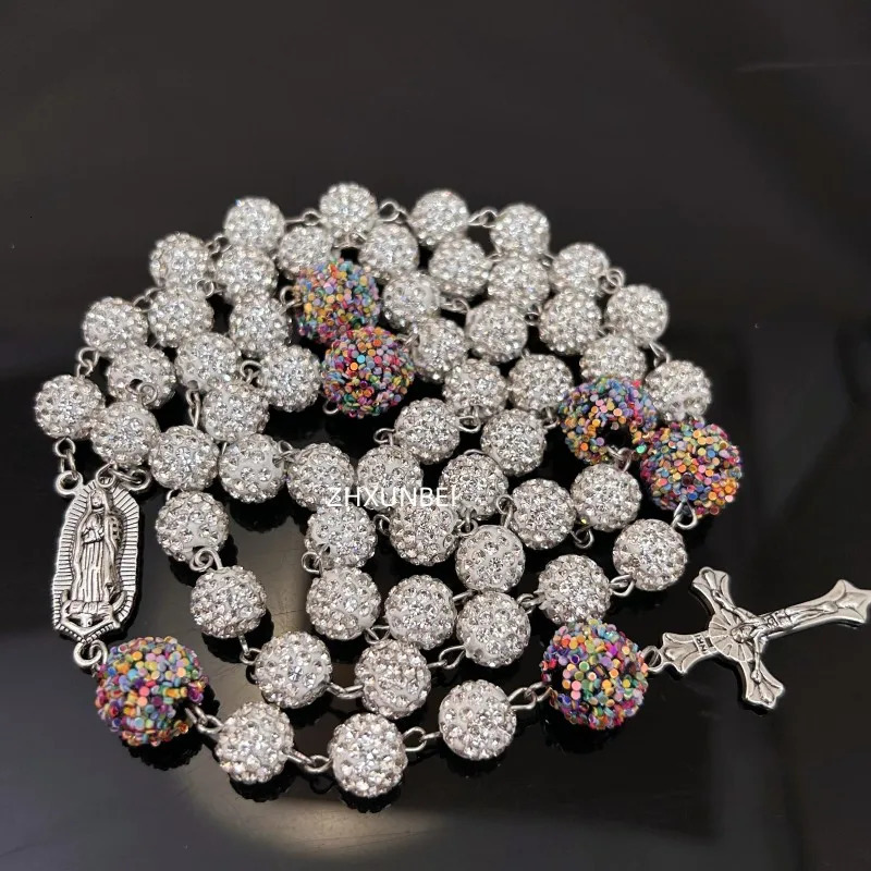 Hip Hop 10mm rhinestone cluster rose necklace disco ball bead pendant Catholic Guadalupe Virgin Prayer Rose 250109