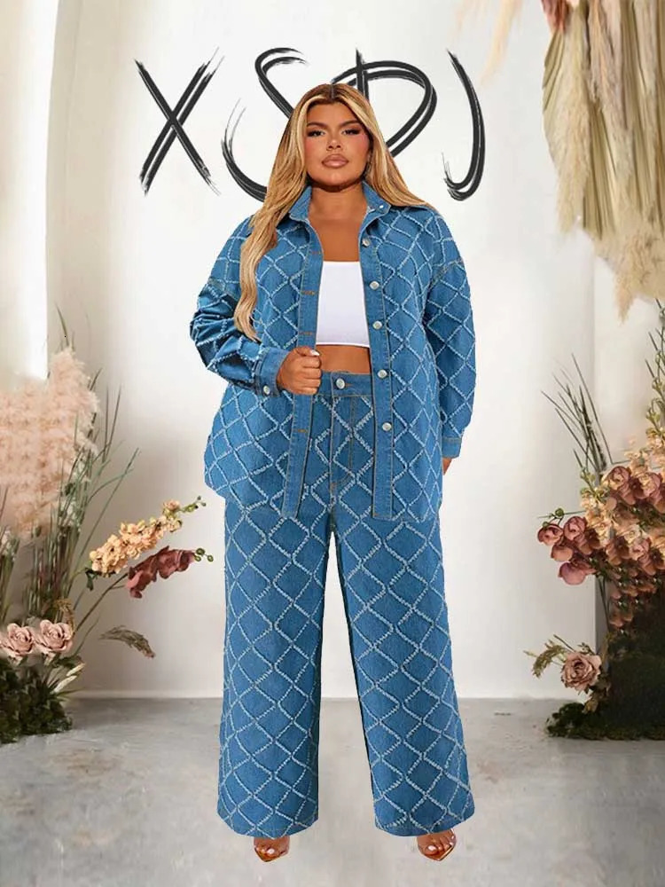 Cowboy 2piece womens jeans and jacket winter casual set long sleeved denim plain pants plus size clothing 250122
