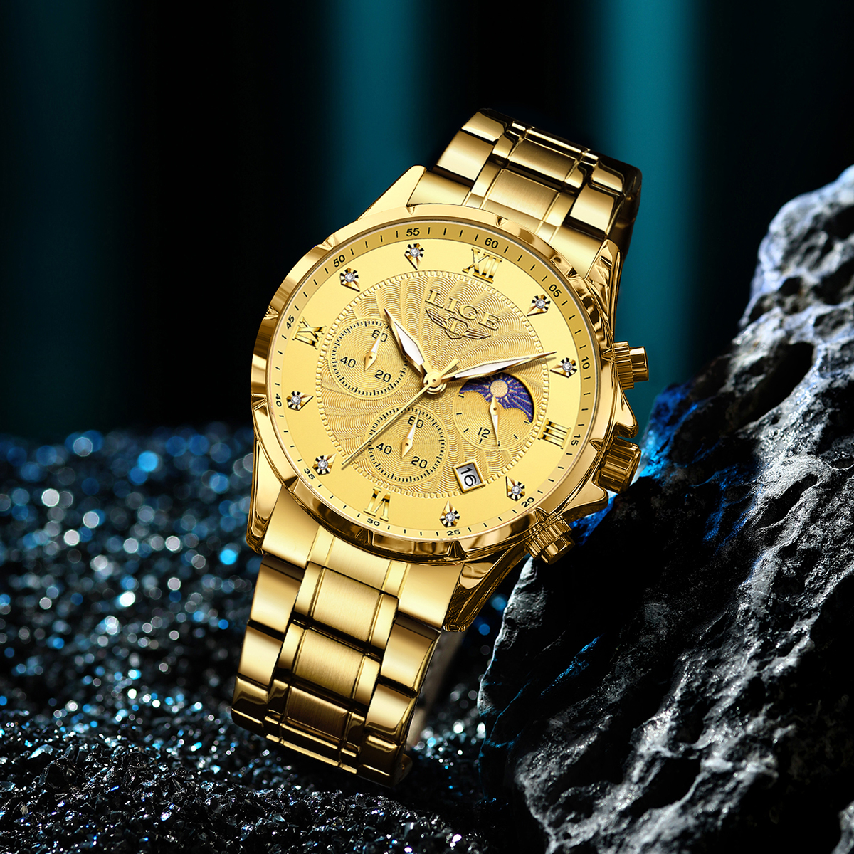 LIGE Fashion Men's Quartz Watch Multi functional Waterproof Calendar Moon Phase Watch Stainless Steel Strap Business Watch