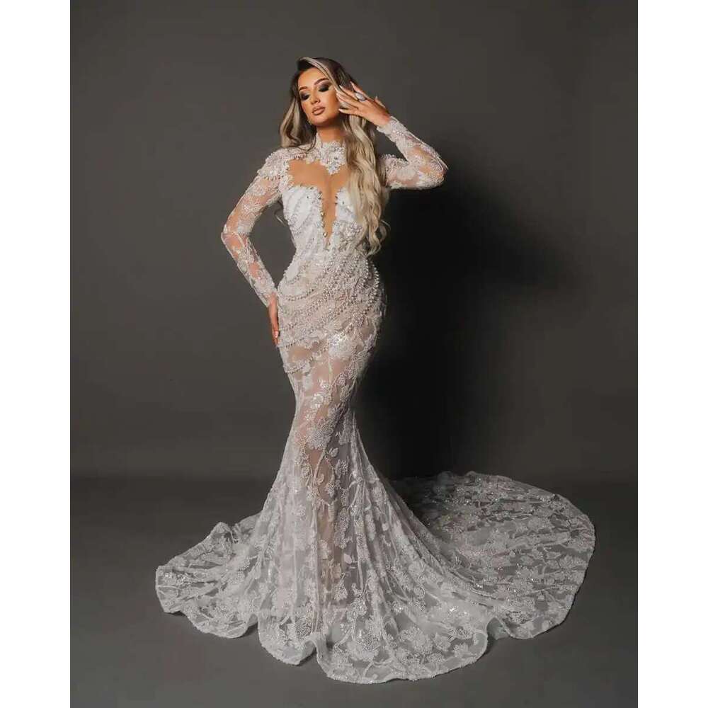 Exquisite Evening Dresses Mermaid High Neck Beads Long Sleeve Train Scan Prom Party Dress Made to Order