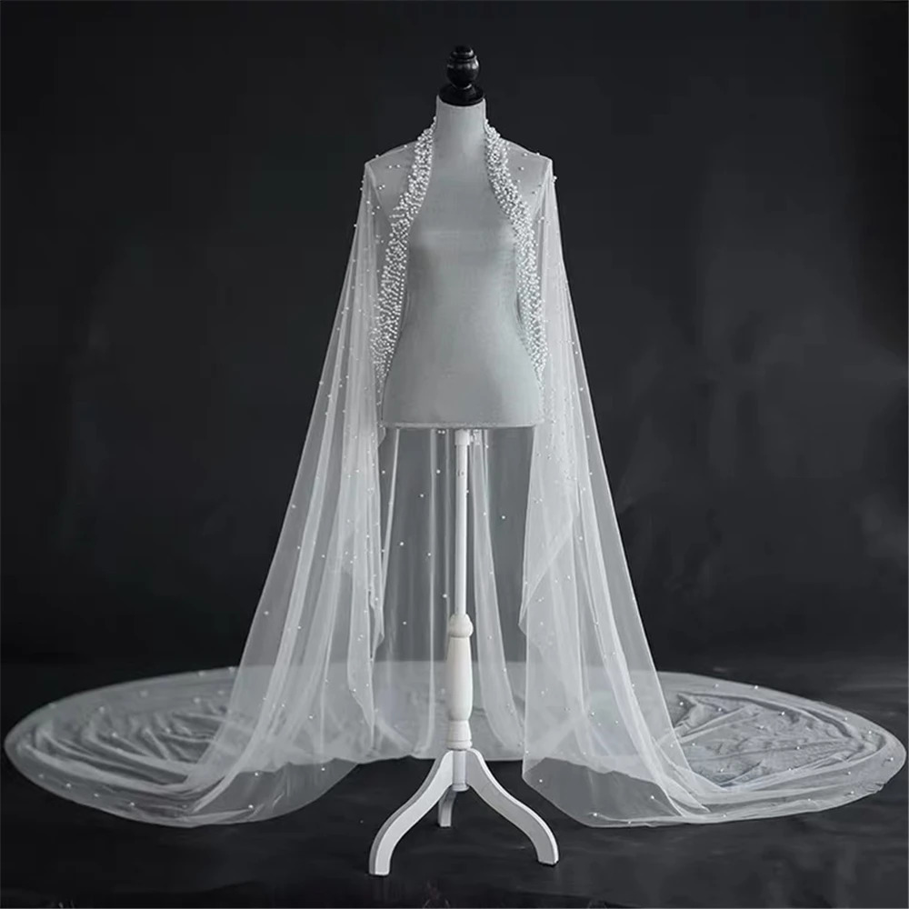 Pearls Wedding Veil 1 Tier Long Bridal Cathedral Veil With Pearls Mantilla Luxurious Tulle Crystal Bride Veil Hair Accessories 250117