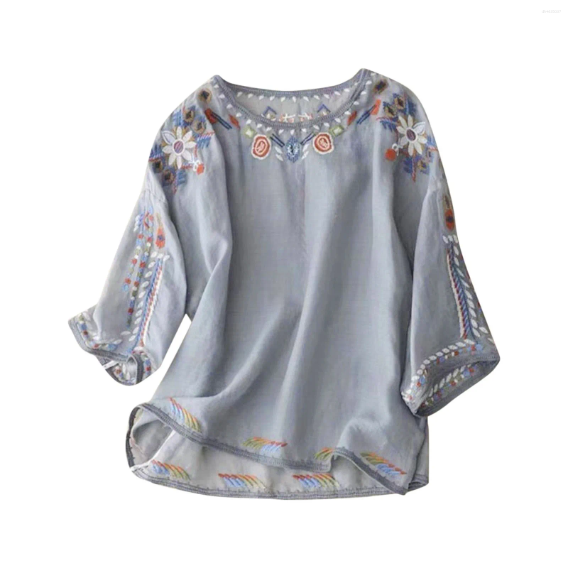 Women's Blouses Summer Ethnic Wind Embroidery Cotton And Linen Loose Plate Buckle Horn Sleeve Women Tennis Shirts Plain T