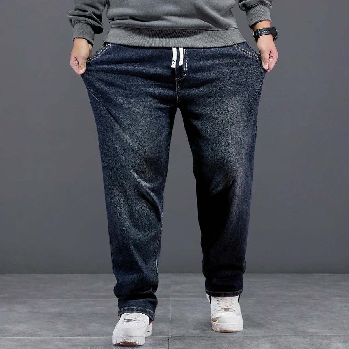 Extra Big Size Jeans Men High Elastic Waist Baggy Denim Pant Male Plus Large Loose Fit Cow Trouser 8XL 6XL Classic Black Blue 250116