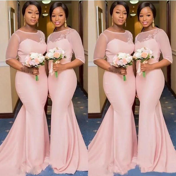 Blush Pink African Nigerian Mermaid Bridesmaid Dresses with Sleeve Sheer Lace Neck Plus Size Maid of Honor Wedding Guest Gown 0123