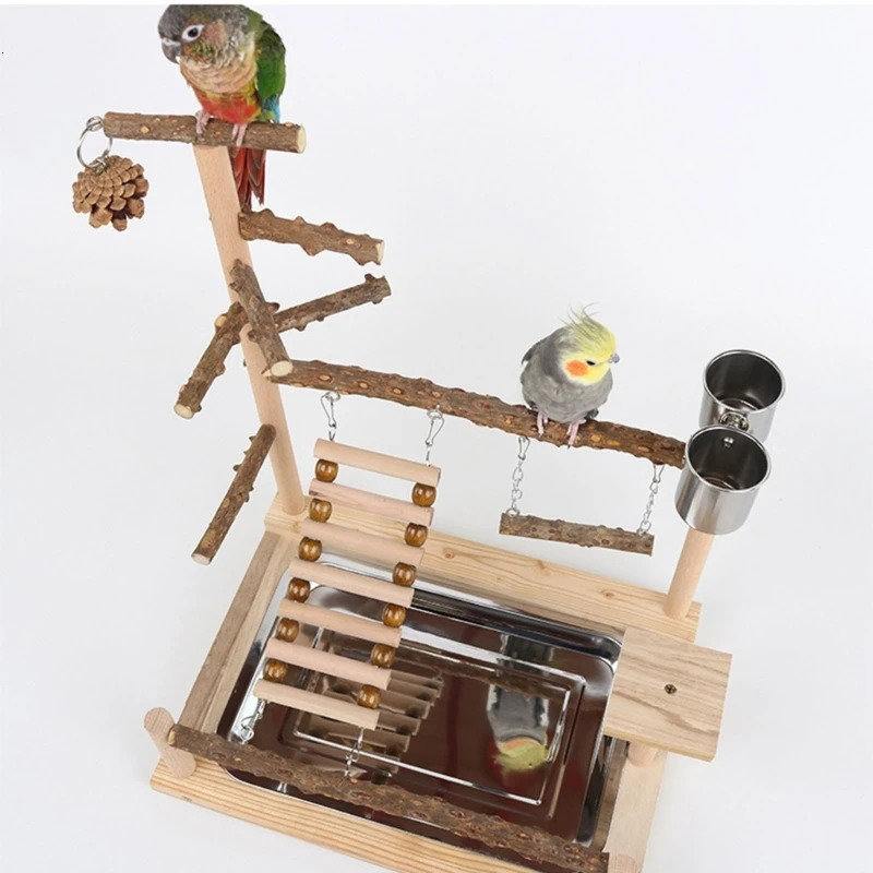 Pet Parrot Playstand Parrots Bird Playground Bird Plays Stand Wooden Perch Playground Ladder with Steel Feeder Plate 250117