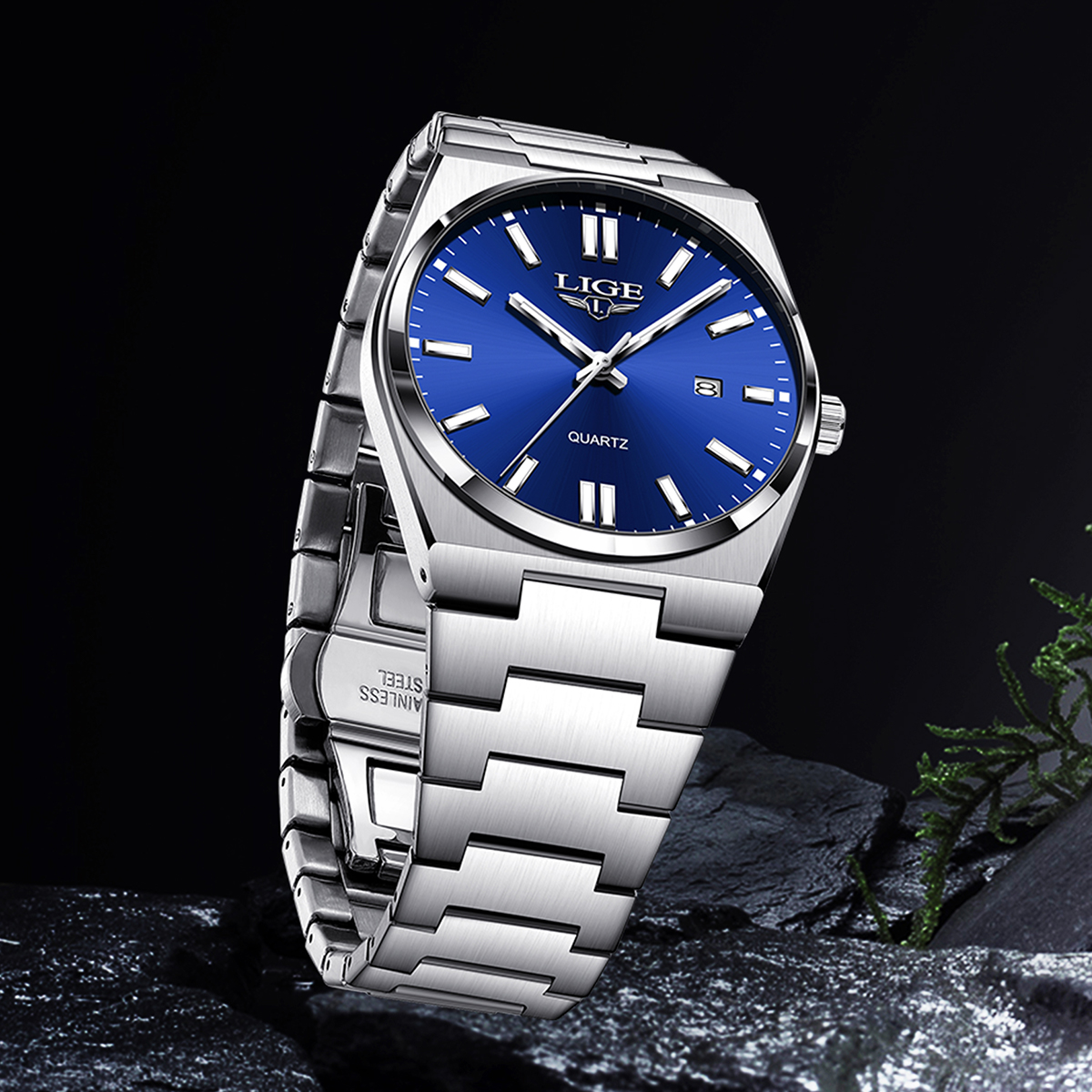 LIGE fashionable and simple men's quartz watch new stainless steel strap large dial watch multifunctional calendar night light business watch