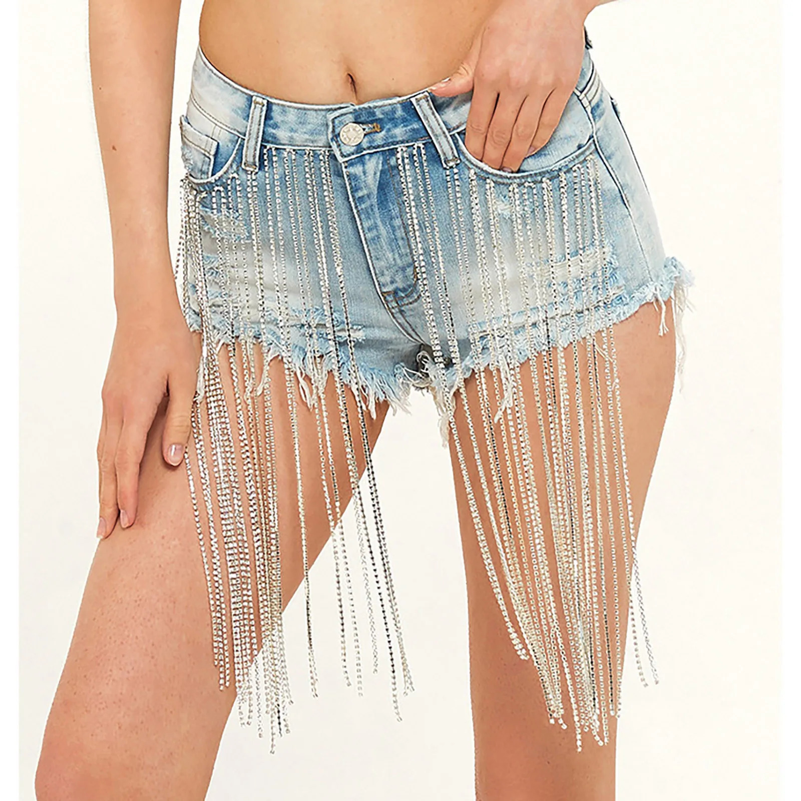 Ripped Tassel Diamond Chain Jeans Shorts Summer WomenS Denim Shorts Midi Waist Casual Raw Hem Jeans Fashion Y2k Streetwear 250122