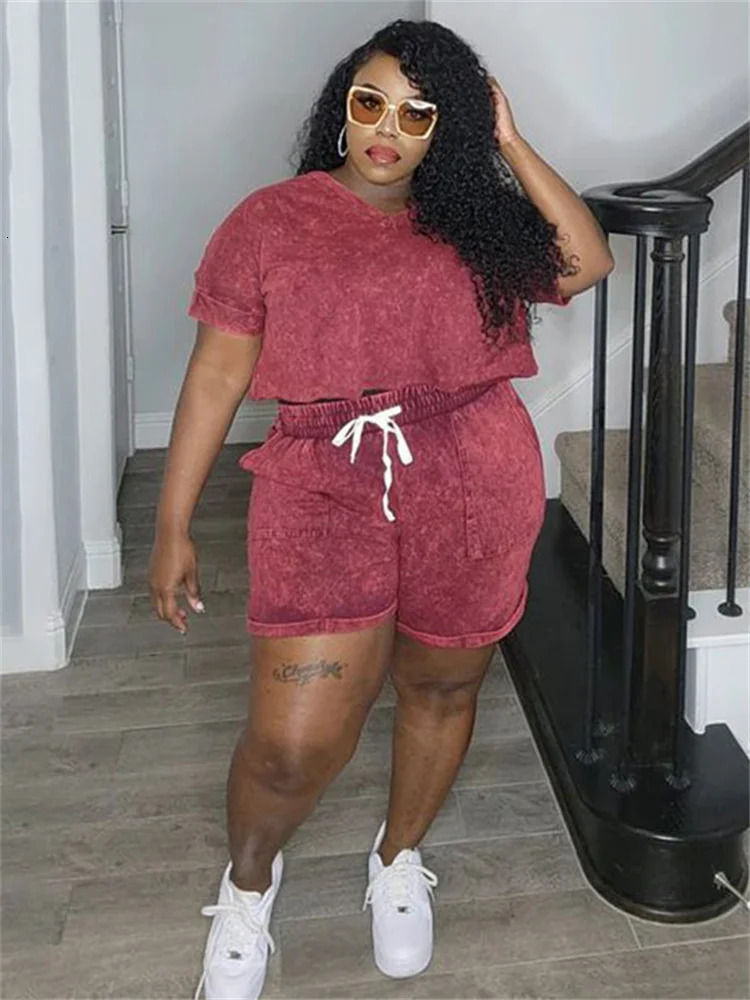 Wmstar Plus size twopiece womens shorts set solid casual top and pants matching wholesale jump 250122