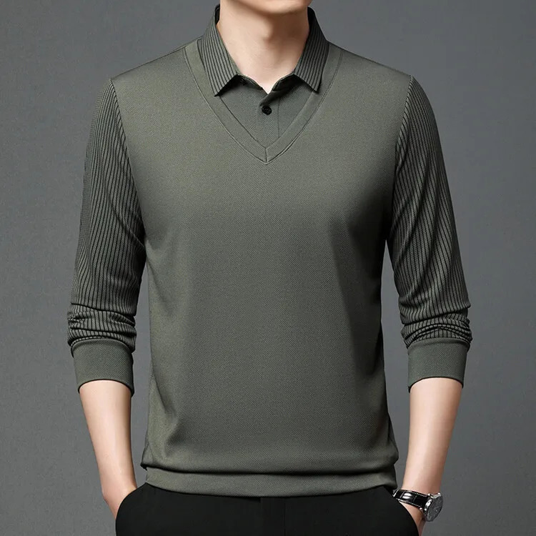 Mens Polo shirt long sleeve spring and autumn highend business casual mens two lapel striped Tshirt top 250113Z
