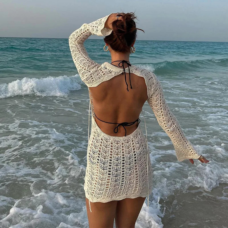 Vintage Crochet Flower Hollow Out Dress Cover-Ups Chic Women Sexy Knit Backless Tie-up Mini Dress Summer Beach Holiday Bodycon 250121