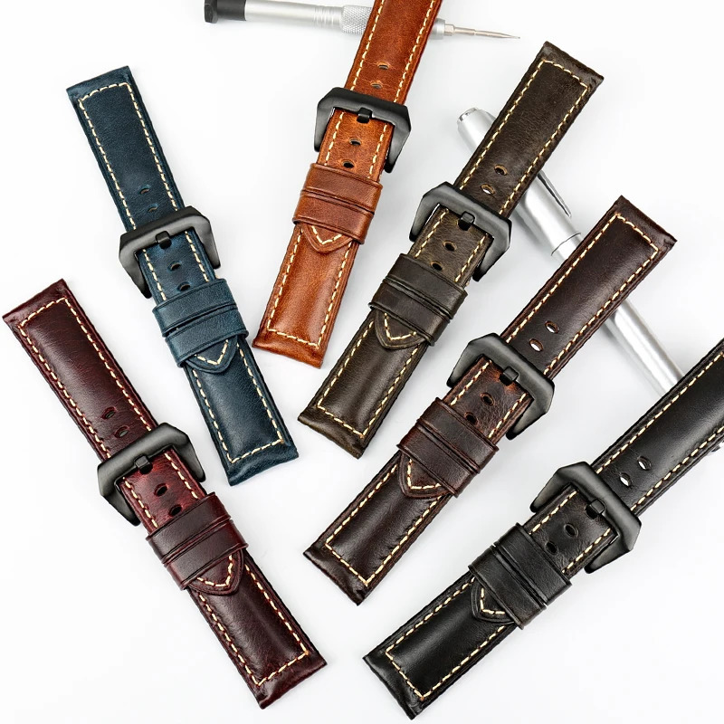 MAIKES High Quality Watchband Brown Vintage Oil Wax Leather Strap Watch Band 20mm 22mm 24mm 26mm Watch Accessories For Panerai 250121